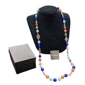 Graziano 38" Designer Sterling Silver Blue Orange Beaded Necklace w Original Box